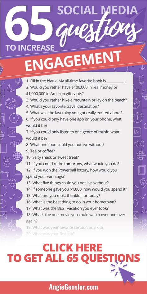 Asking questions on social media is a great way to engage your audience. But thinking of creative questions to ask is time-consuming and overwhelming. Social media doesn't have to be so hard! Here are 65 social media questions you can ask to increase engagement. You have to try these questions. They seriously work! #angiegensler #increaseengagement #smallbusiness #socialmedia  #socialmediatips #socialmediamarketing via @angiegensler Social Media Tips, Wordpress, Internet Marketing, Instagram, Content Marketing, Facebook Engagement, Social Media Engagement, Social Media Strategies, Increase Engagement