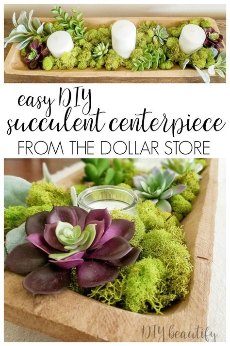 A stunning succulent centerpiece made from dollar store finds! Full tutorial at diy beautify! Gardening, Centrepieces, Home Décor, Decoration, Diy, Succulent Centerpiece Dining Room, Succulent Centerpieces, Succulent Wedding Centerpieces, Diy Centerpieces