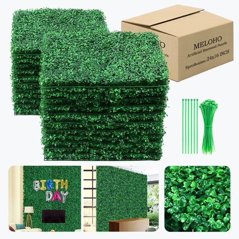 PRICES MAY VARY. 🌱🌱THICK & REALISTIC - Comes with 24 pieces s of 24 x 16 inch faux boxwood panels (21 grids per row and 308 stitches per panel), covers about 62 sq ft, the denser panels are high density, well-made in detail and show a realistic look, which offers a natural appearance. 🌱🌱DURABLE & RELIABLE - The artificial grass is made from lightweight yet super-strong polyethylene, UV-proof, weather-resistant, environmental friendly, non-toxic. It won't fade for outdoor usage, and the Milan Artificial Grass Wall Decoration Ideas, Boxwood Hedge Wall, Garden Hooks, Boxwood Hedge, Grass Backdrops, Artificial Boxwood, Artificial Green Wall, Outdoor Decor, Boxwood Topiary
