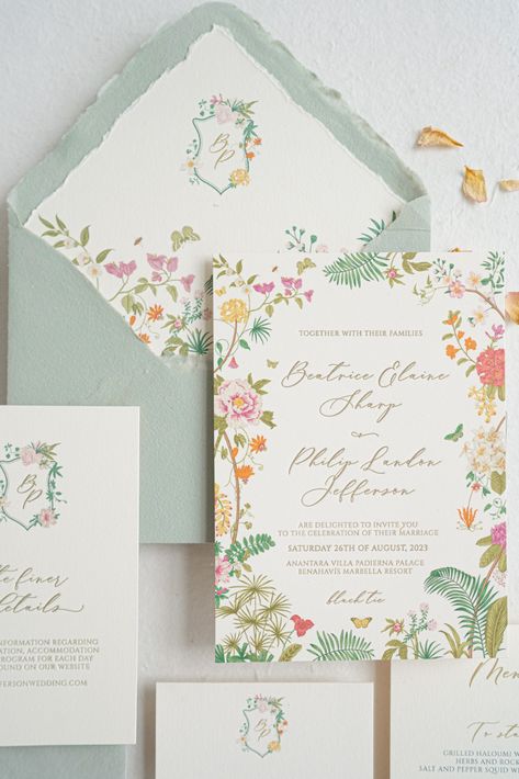 Inspired by chinoiserie patterns and beautiful blooms, our moodboard for this suite had photos of gorgeous blooms English gardens. A romantic invitation, a combination between flat print for the floral design and gold ink letterpress for the text.#weddinginvitation#weddinginvitations#weddinginvites#luxurywedding#letterpressinvitations#letterpressprinting#dailydoseofpaper#paperlove#2023wedding#placecards#weddinginspo#weddinginspiration#weddingpaper #fineartbride#fineartwedding #handmadepaper Invitations, Photos, Gold Ink, Inspired, Floral Design, Elegant Invitations, Whimsical Wedding, Casamento, Wedding Invitation