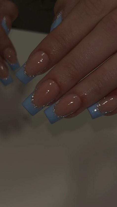 French tip nails Baby Blue Acrylic Nails, Ongles Gel French, Blue Prom Nails, Nails Grey, Nail Spring, Blue And Silver Nails, Girly Acrylic Nails, Blue Gel Nails, Blue Glitter Nails