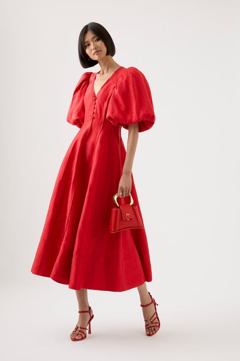 Puff Sleeve Midi Dresses, Puff Sleeve Short Dresses, Red Midi Dress, Midi Length Dress, Puff Sleeves Dress, Midi Dress, Puffed Sleeves Dress, Dresses For Sale, Printed Bodycon Dress