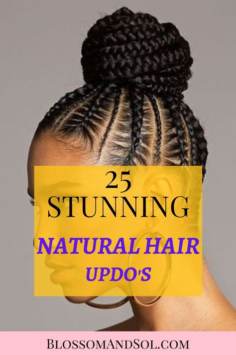25 Stunning Natural Hair Updo Styles - Blossom & Sol Flat Twist, Pixie Cuts, Bobs, Braid Up Do For Black Women, Natural Updo Hairstyles, Natural Hair Updo Tutorial, Natural Hair Updo Wedding, Braided Updo Natural Hair, Braided Hairstyles Updo