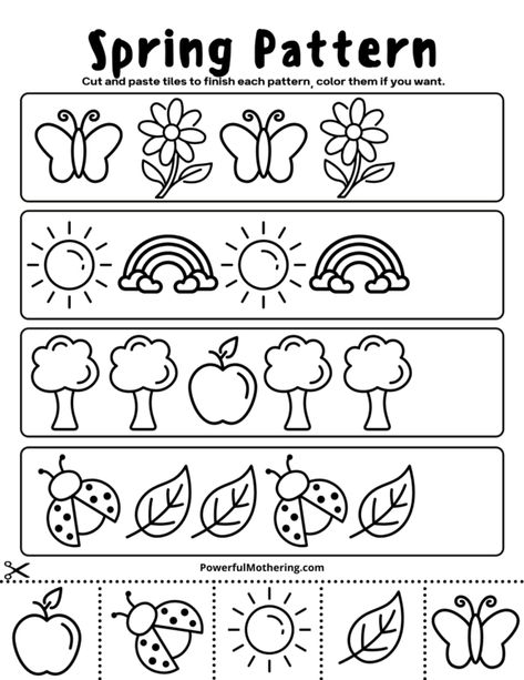 Pre K, English, Spring Worksheets Kindergarten, Spring Math Preschool, Preschool Pattern Activities, Spring Printables Free Kids, Spring Math Activities, Spring Math Kindergarten, Pattern Activities