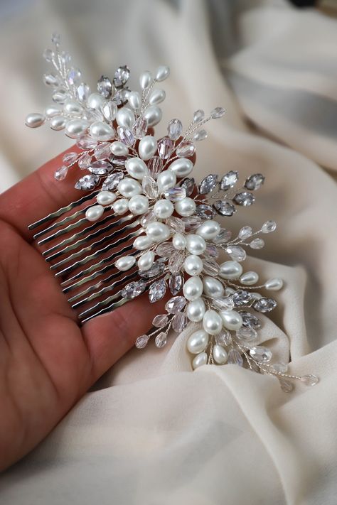 Stunning  hair comb decorated with zircon stones, crystal and pearl beads.  All parts was carefully combined to each other for making the best hair accessory for your special day.  DETAILS  - Put headpiece after using hair spray  - Do not use any washing liquids and chemicals  - Please keep your hair accessory in dry please away from direct sunlight  - Tarnish resident jewelry wire  - Designed and made in New York, USA - Flexible and easy to use  - Every headpiece will be packaged in gift box If you have any questions please contact me  Made with love ❤️ Visit my shop for more hair accessories :  https://www.etsy.com/shop/SNDaccessoriesINC Instagram @snd_accessories