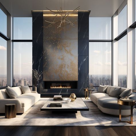 The living room’s floor-to-ceiling windows offer breathtaking views, enhancing the apartment’s luxurious ambiance. Design Room, Living Room Designs, Interior, Living Room With Fireplace, Living Room Interior, Bedroom Ceiling Design, Spacious Living Room, Ceiling Windows, Luxury Fireplace