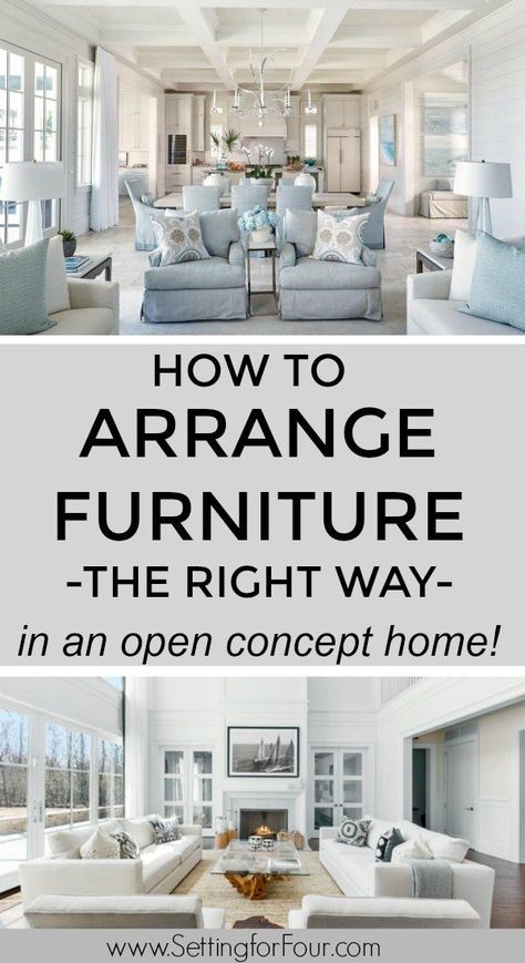 How To Arrange Furniture In An Open Concept Kitchen, Dining and Living Room Floor Plan - furniture layout ideas. #arrange #furniture #arrangement #layout #kitchen #livingroom #diningroom #openconcept #home #rooms #ideas #decor #design Interior, Open Concept Dining Room, Living Room Furniture Layout, Open Concept Kitchen, Hampton Living Room Ideas, Living Room Design Layout, Living Room Furniture Arrangement, Kitchen Dining, Dining And Living Room