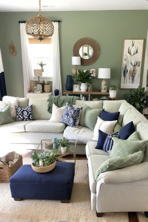 Interior, Inspiration, Sage Living Room, Navy Living Rooms, Blue And Cream Living Room, Living Room Color Schemes, Blue And Green Living Room, Green Living Room Decor, Sage Green Bedroom