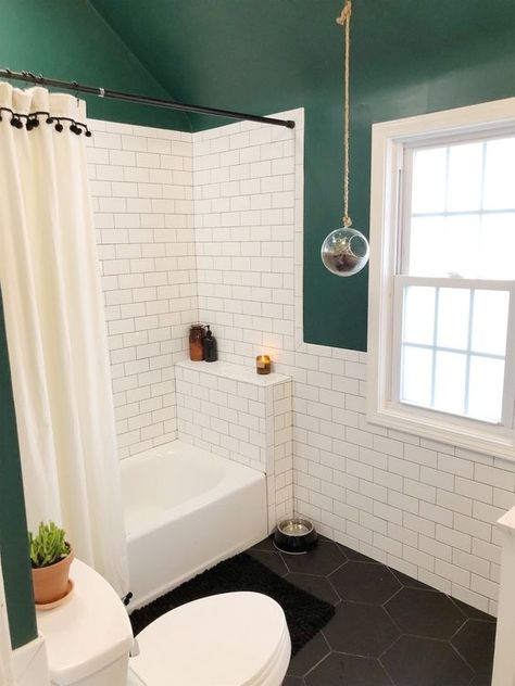 a small catchy bathroom with dark green walls and a ceiling, white subway tiles, black hex ones, a shower space and a window Dressing Table, Home Décor, Bathroom Renovations, Bath, Wardrobes, Bathroom Tub Shower, Bathroom Tub, Master Bathroom, Bathroom Makeover