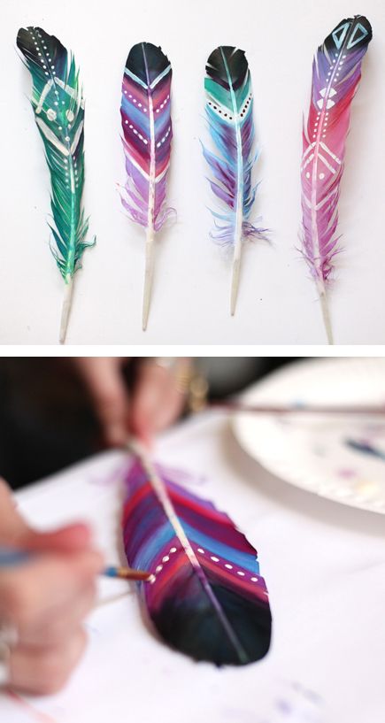 DIY painted feathers- kids can make them too! Small feathers could make some awesome earrings. Diy, Boho, Tutorials, Ideas, Diy Projects, Diys, Handmade, Bricolage, Cool Diy