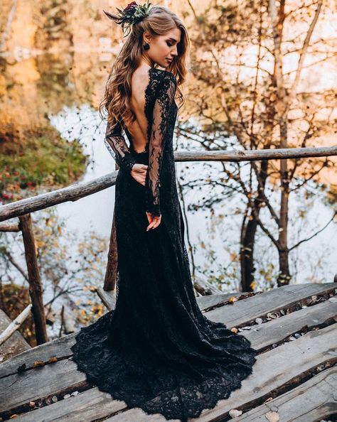Black Wedding Dresses With Edgy Elegance ★ black wedding dresses sheath v back with illusion long sleeves lace with train Modest Wedding Dresses, Boho, Wedding Dress, Black Wedding Gowns, Gothic Wedding Dress, Black Lace Wedding Dress, Wedding Dresses Vintage, Black Wedding Dresses, Black Lace Wedding