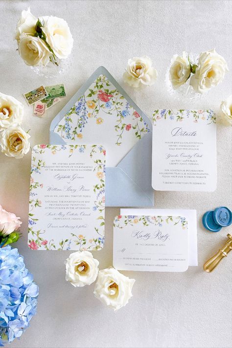 With an elegant watercolor wildflower border, the Mayfair wedding invitation set is perfect for a secret garden-themed wedding. Your wedding is an invitation to your family friends to witness one of the most romantic moments of your life, and it’s an opportunity for you as a couple to showcase your style. This is your chance to allow your guests a sneak peek into what they can expect on your wedding day. Wedding Invitations, Invitations, Floral Wedding Invitation Suite, Wedding Invitation Suite, Wedding Invitations Romantic, Bridal Shower Invitations, Floral Wedding Invitations, Wedding Invitation Paper, Vintage Garden Wedding Invitations