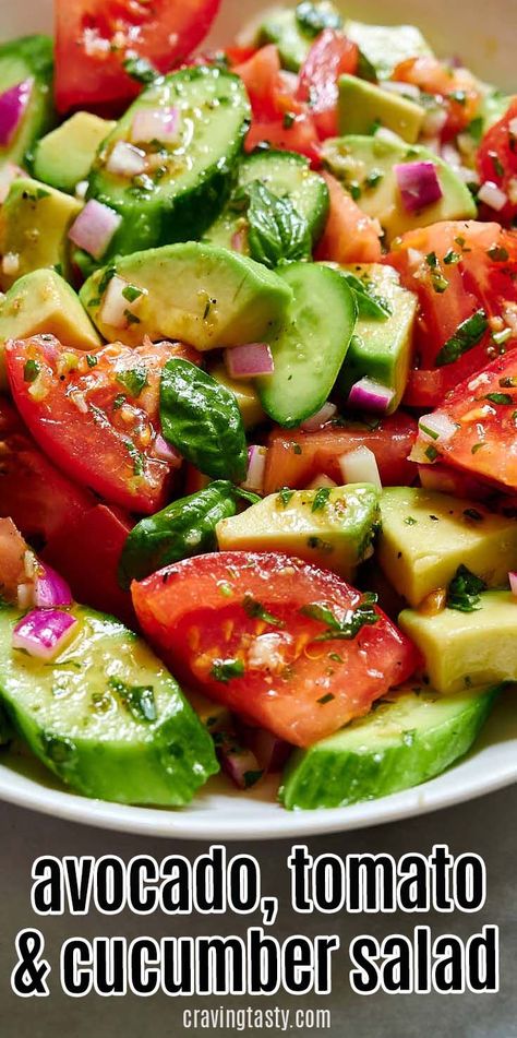 Delicious avocado, tomato and cucumber salad that is full of rich, intense summer flavors. The bright, tangy and slightly sweet dressing makes this salad delightful. #summersalad #italiantomatocucumbersalad #italiansalad #avocadosalad #tomatosalad #avocadotomatosalad Healthy Eating, Avocado, Summer Salads, Avocado Recipes, Healthy Recipes, Smoothies, Avocado Salad Recipes, Healthy Salad Recipes, Avocado Salad