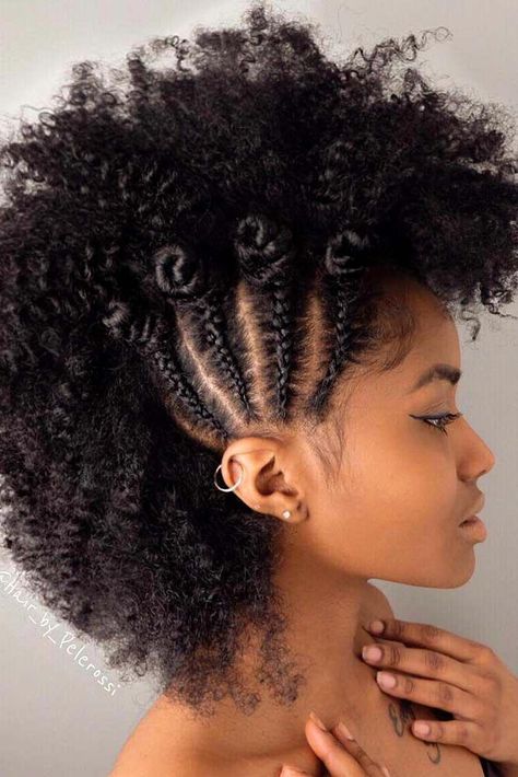 Natural Hair With Faux Hawk Hairstyle #naturalhair #curlyhair #naturalhairstyles Plait Styles, Cornrows, Braided Hairstyles, Braided Mohawk Hairstyles, Easy Updo Hairstyles, Braid Styles, Curly Hair Braids, Natural Hair Braids, Updo