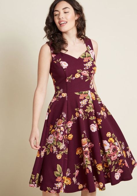 Measured Magnificence Fit and Flare Dress in Burgundy Floral Dress Patterns, Spring Dresses, Flare Dress, Fit And Flare Dress, Vintage Dresses, Form Fitting Clothes, Burgundy Summer Dress, Dresses Near Me, Occasion Dresses