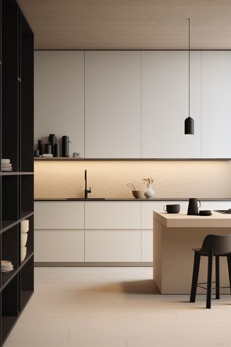 This kitchen has a nordic or japanese atmosphere to it. The simple designs in white, black and light wood create a minimalistic interior. White j pull kitchen cabinets and drawers, light wooden kitchen island with black chairs, black open shelf with white tableware and black ceramics on the light surfaces. The small hanging pendant ceiling lamp has a modern chic design. Design, Kitchen Interior, Home, Interior, Modern Kitchen Design White Natural Wood, Kitchen Design Modern White, Kitchen Inspiration Design, Minimalist Kitchen Design, Modern Minimalist Kitchen
