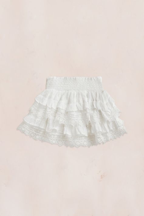 Our Billie Skirt reimagined in windowpane dobby cotton with a tossed large and petite embroidered flower motif and panels of custom lace features an encased elastic waist and two gathered ruffle tiers. Shown here in Antique White. Shorts, Outfits, Ruffled Mini Skirt, Tiered Ruffle Skirt, Gathered Skirt, Frilly Skirt, Ruffle Skirt, Ruffled Skirts, Preppy Skirt