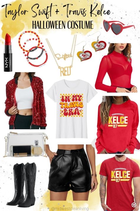 Taylor Swift + Travis Kelce Halloween costume! ❤️🫶💛 Taylor swift Halloween costume, eras costume, Swiftie, Swiftie costume, couple's costume, 2023 Halloween costume, 2023 couple's costume, Travis Kelce costume, Kansas city football, Kansas city chiefs, trendy Halloween costume, easy Halloween costume, diy Halloween costume, last minute Halloween costume Follow me in the @LTK shopping app to shop this post and get my exclusive app-only-content! #liketkit #LTKHoliday #LTKparties #LTKstyletip Taylor Swift, Costumes, Home-made Halloween, Cosplay, Halloween Costumes, Thanksgiving, Outfits, Taylor Swift Halloween Costume, Taylor Swift Costume