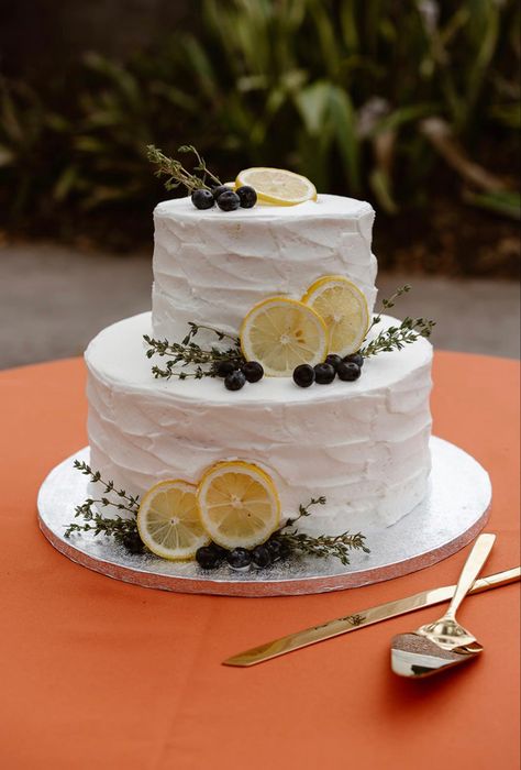 Unique Simple Wedding Cake, Yellow Blue Wedding Cake, Small Cake Wedding Simple, Lemon Grooms Cake, Two Tier Lemon Cake, Lemon Wedding Cake Decoration, Fall Inspired Wedding Cakes, Simple Cottagecore Wedding Cake, Wedding Cake Mediterranean