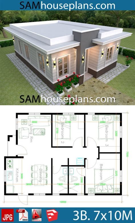 House Design 7x10 With 3 Bedrooms Terrace Roof - House House Plans, Small House Design Plans, House Layout Plans, House Layouts, Small House Design, Building House Plans Designs, House Designs Exterior, House Construction Plan, Bungalow House Plans