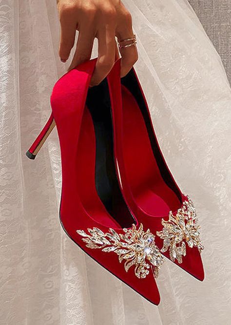 Pointed Toe Heels, High Heels For Prom, Red Shoes Heels, Rhinestone High Heels, Red High Heels, Pointed Toe, Red Heals, Fancy Heels, Red Heels