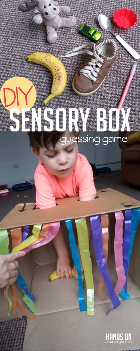 Play detective with just the sense of touch in this super simple DIY sensory box guessing game for kids! via @handsonaswegrow Play, Toys, Diy, Kids' Rugs, Sensory Boxes, Sensory, Guessing Games For Kids, Games For Kids, Guessing Games