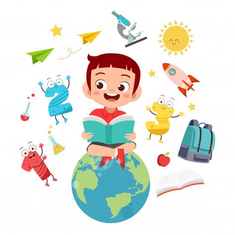 Happy kid reads books on the world globe Premium Vector | Premium Vector #Freepik #vector #school #people #book #children Kids, Pre School, Libri, Activities, Manualidades, Preschool, Ilustrasi, Kids Study, Kids Learning