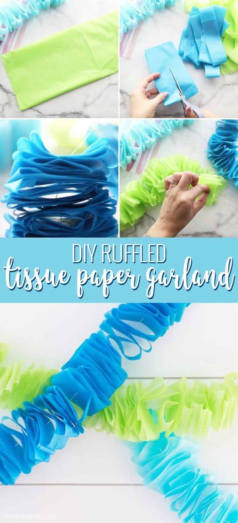 Looking for an awesome DIY Garland? Tissue Paper Garlands are all the rage, and we are obsessed with this super easy and affordable ruffled tissue garland! It is the perfect addition to any party, shower or holiday decor! Just make it in whatever colors fit your occasion! #diygarland #tissuepapergarland #tissuegarland #partydecor #tissuepapergarlanddiy #diypapergarland #diygarlandideas Home-made Party, Halloween, Diy, Tissue Paper Garlands, Tissue Garland, Diy Garland, Paper Garland, Garland, Tissue Paper