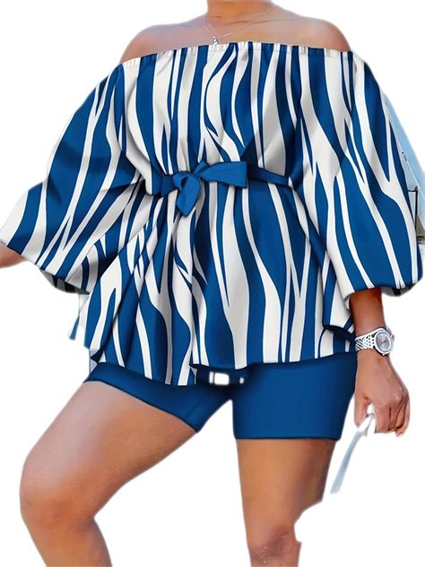 Shorts, Casual, Plus Size, Casual Chic, Two Piece Shorts Set, Printed Pants Style, Two Piece Short Set, Plus Size Two Piece, Off Shoulder Tops