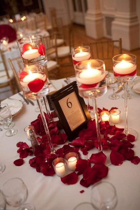 something so simple yet so elegant and romantic.Candle centerpieces with rose petal accents Wedding Decorations, Centrepieces, Wedding Centrepieces, Red Wedding, Centerpieces, Wedding Centerpieces, Red And White Weddings, Ceremony Decorations, Wedding Table