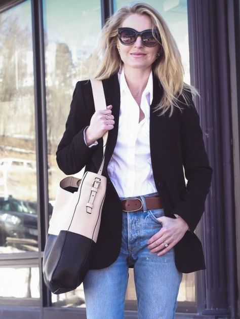 Styling 2 Ways on fashion blogger over 40, Erin Busbee of Busbee Style wearing Madewell black blazer, Moussy tapered jeans, white button down and Henri bendel color block tote Casual, Casual Looks, Outfits, Fashion, Jeans, Jeans And Boots, Tapered Jeans, Blazer Outfits, Casual Style