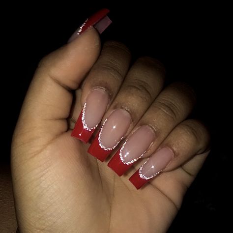 Glitter, Design, Red Tip Nails, Red Glitter Nails, Glitter French Tips, Red Sparkle Nails, Red And Silver Nails, Red Nails With Glitter, Red Acrylic Nails