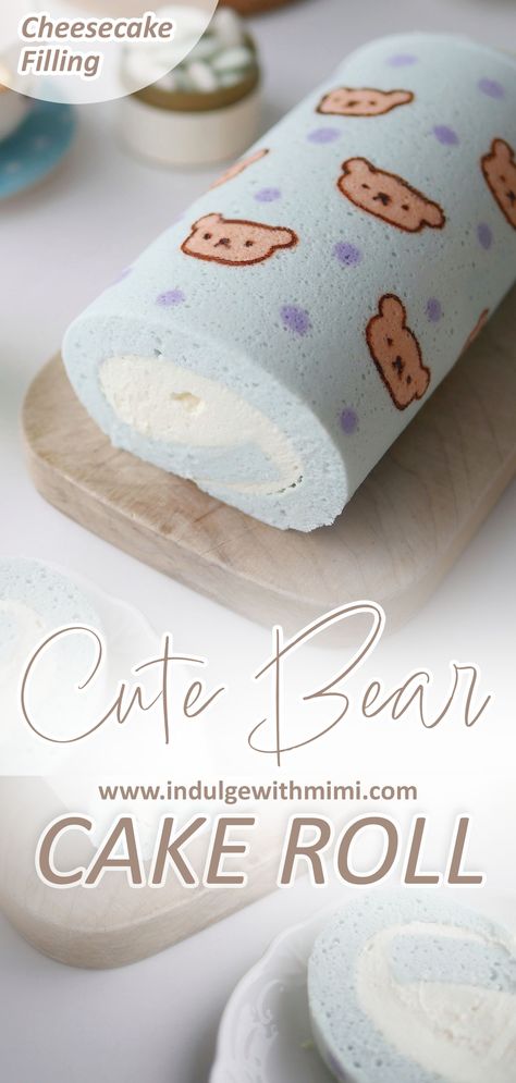 Light blue cake roll printed with cute bears on it on a serving board. Cheesecakes, Desserts, Cake Recipes, Bento, Cake, Cake Flour, Cake Ingredients, Cake Roll Recipes, Swiss Roll Cakes