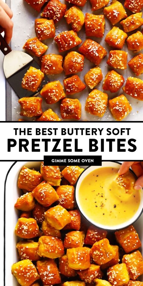 The BEST hot and buttery homemade soft pretzel bites recipe! Easy to make in just 1 hour, and customizable with any of your favorite toppings. | gimmesomeoven.com #pretzels #snack #gameday #appetizer #bread #vegetarian #vegan #homemade Slow Cooker Recipes, Foodies, Dips, Pretzel, Dessert, Desserts, Brunch, Snacks, Bite Size Snacks