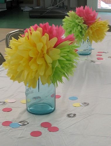 tissue paper flower centerpiece (to alternate with centerpiece of balloon and picture Decoration, Mason Jars, Tissue Paper Flowers, Tissue Paper Centerpieces, Table Centerpieces Diy, Paper Flower Centerpieces, Party Centerpieces Diy, Centerpieces Diy Cheap, Diy Centerpieces