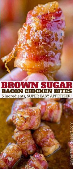 Bacon Brown Sugar Chicken Bites are the perfect salty, sticky, sweet and crispy appetizer for the holidays and game day with just five ingredients! Bacon Brown Sugar Chicken, Bacon Brown Sugar, Horderves Appetizers, Super Easy Appetizers, Brown Sugar Chicken, Dinner Then Dessert, Brown Sugar Bacon, Easy To Make Appetizers, Bacon Appetizers