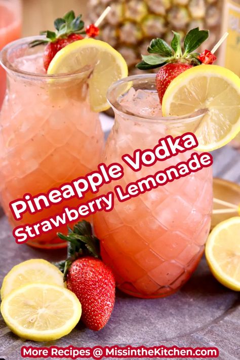 Pineapple Vodka Strawberry Lemonade is a refreshing and delicious cocktail that is easy enough for any day of the week! Make a small batch for a couple of cocktails or a large batch for parties. Ale, Alcohol, Margaritas, Vodka Drinks, Vodka, Pineapple Vodka, Vodka Strawberry Lemonade, Vodka Lemonade, Vodka And Pineapple Juice
