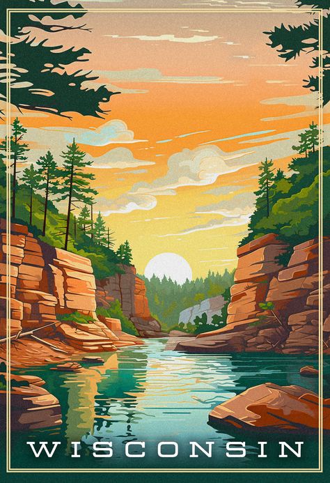 Embrace the beauty of Wisconsin Dells. Enjoy the river and rock formations every time you look at this artwork. Florida, Wisconsin, National Parks, Vintage, Vintage Travel Posters, Wisconsin Art, National Park Posters, Wisconsin Dells, America Travel