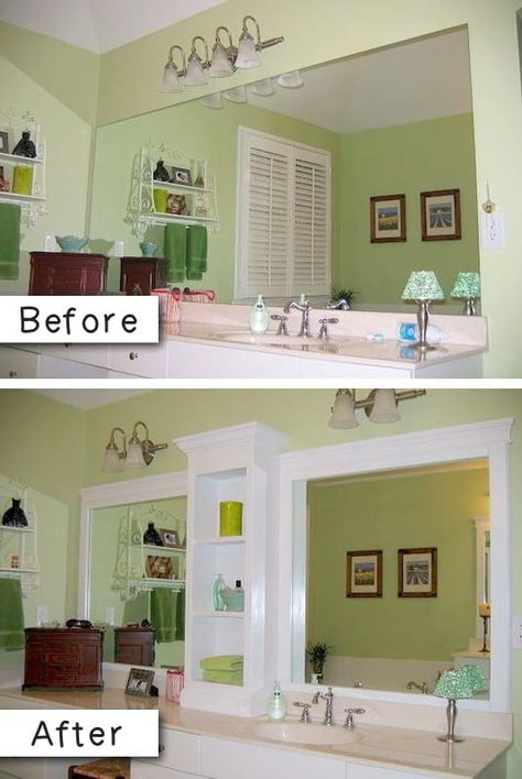 REVAMP YOUR EXISTING MIRRORS You may have seen or even already applied the idea of adding trim to one of your existing bathroom mirrors (it makes such a difference!), but I’m also in love with the idea of adding a shelf either in the middle of the mirror to separate two sinks, or off to the side for extra storage space. It can completely transform a lifeless bathroom! Home Décor, Diy Remodeling Ideas On A Budget, Bathroom Remodel Idea, Diy Remodel, Home Remodeling, Remodeling Projects, Bathroom Makeover, Bathrooms Remodel, Bathroom Renovation