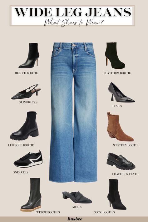 An Easy & Complete Guide to What Shoes To Wear with Jeans Trousers, Capsule Wardrobe, Casual, Outfits, How To Style Wide Leg Jeans, How To Wear Wide Leg Jeans, Styling Wide Leg Jeans, Wide Leg Pants With Boots, Wide Leg Jeans Shoes