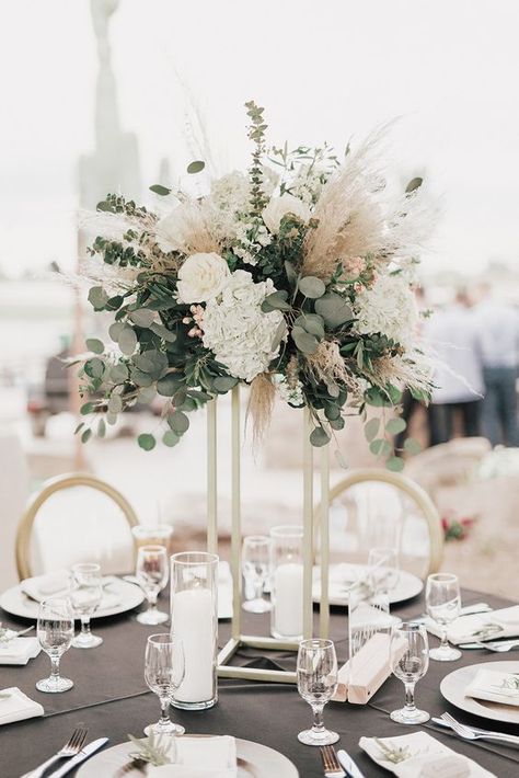 Jun 21, 2021 - A modern, tall centerpiece of eucalyptus, white blooms and pampas grass Dream Wedding, Boho, Inspiration, Wedding Flowers, Floral, Wedding, Hochzeit, Boda, Dekorasyon