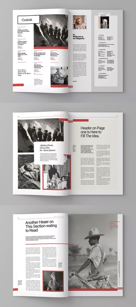 Magazine Template. A4 & US letter format paper size. 15 custom pages design. Print ready: CMYK, 300 dpi Magazine Layouts, Editorial, Layout Design, Layout, Brochures, Design, Magazine Format, Magazine Layout Design, Magazine Template