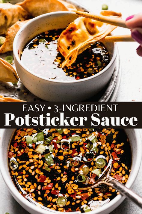 This super quick Potsticker Sauce is easy to make with just 3-ingredients! It’s savory, tangy, and packed with umami goodness. The perfect sauce for gyoza, potstickers, spring rolls, and more! Dressing, Snacks, Ideas, Oriental, Potsticker Sauce, Potsticker Dipping Sauce, Potstickers Side Dish, Chicken Pot Stickers Recipe, Homemade Sauce