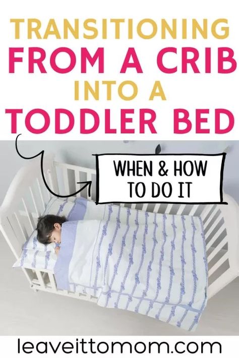 Text reads "transitioning from a crib to a toddler bed." Below text is image of toddler girl with dark hair sleeping in a white crib converted to toddler bed. Bed has white and lilac striped bedding and toddler girl is sleeping under the blankets. Cots, Big Kids, Toddler Activities, Ideas, Toddler Bed Transition, Toddler Crib, Toddler Bed, Toddler Sleep, Baby Bed