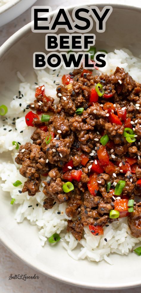 Healthy Recipes, Lunches, Beef Bowl Recipe, Beef Rice Bowl Recipe, Beef Bowls, Healthy Minced Beef Recipes, Minced Beef Recipes Easy Simple, Ground Beef Recipes Asian, Steak And Rice Bowl Recipe