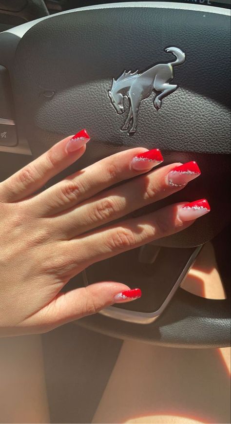 Red Sparkly Acrylic Nails, Prom Nails Silver, Prom Nails Red, Red And Silver Nails, Prom Nail Designs, Red Nails With Glitter, Red Sparkly Nails, Red Acrylic Nails, Prom Nails