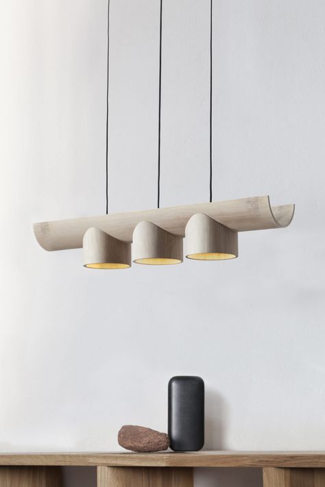 Gueule de Loup is a minimal pendant created by Paris-based designer Samy Rio. This pendant light, available in several versions, is an indoor lamp made of sections and half-sections of giant bamboo assembled in a Gueule de Loup (French name of this junction), an assembly intrinsically linked to bamboo and how to assemble two tubes to form a robust structure. Decoration, Interieur, Bamboo, Deco, Giant Bamboo, Fai Da Te, Bamboo Light, Bamboo Lamp, Bamboo Furniture
