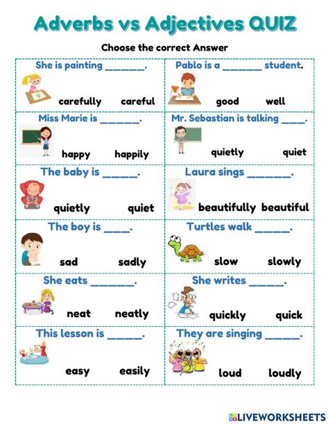 Adjectives and Adverbs online activity for 2. You can do the exercises online or download the worksheet as pdf. Organisation, English Adjectives, Nouns And Verbs, Adjective Worksheet, Nouns Verbs Adjectives Adverbs, English Vocabulary Words Learning, Nouns Verbs Adjectives, Adjectives Exercises, Adjectives Activities