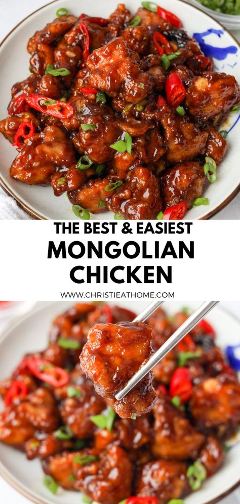 Mongolian Chicken. Crispy fried chicken smothered in a sticky sweet ginger hoisin sauce. A delicious dish to make for dinner or lunch that comes together in 25 minutes or less! Air Frying instructions are also included in the Notes Section below. Healthy Recipes, Oriental, Best Mongolian Chicken Recipe, Asian Chicken Thighs, Asian Chicken Recipes, Asian Chicken Breast Recipes, Asian Chicken, Chinese Chicken Dishes, Chinese Chicken Recipes