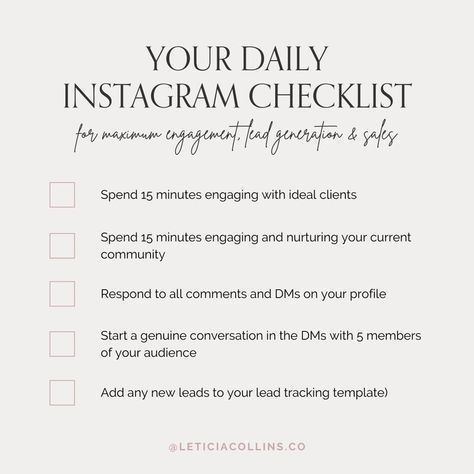 This checklist will increase your engagement, productivity and start moving the needle foward in your business! Do these 5 things every day for maximum engagement, lead generation and sales. Download my Instagram Engagement Checklist today! instagram marketing tips | social media marketing | daily checklist for instagram growth | Instagram, Social Media Tips, Social Media Growth Strategy, Instagram Marketing Tips, Instagram Marketing Strategy, Social Media Strategies, Social Media Marketing Instagram, Social Media Growth, Social Media Marketing Business